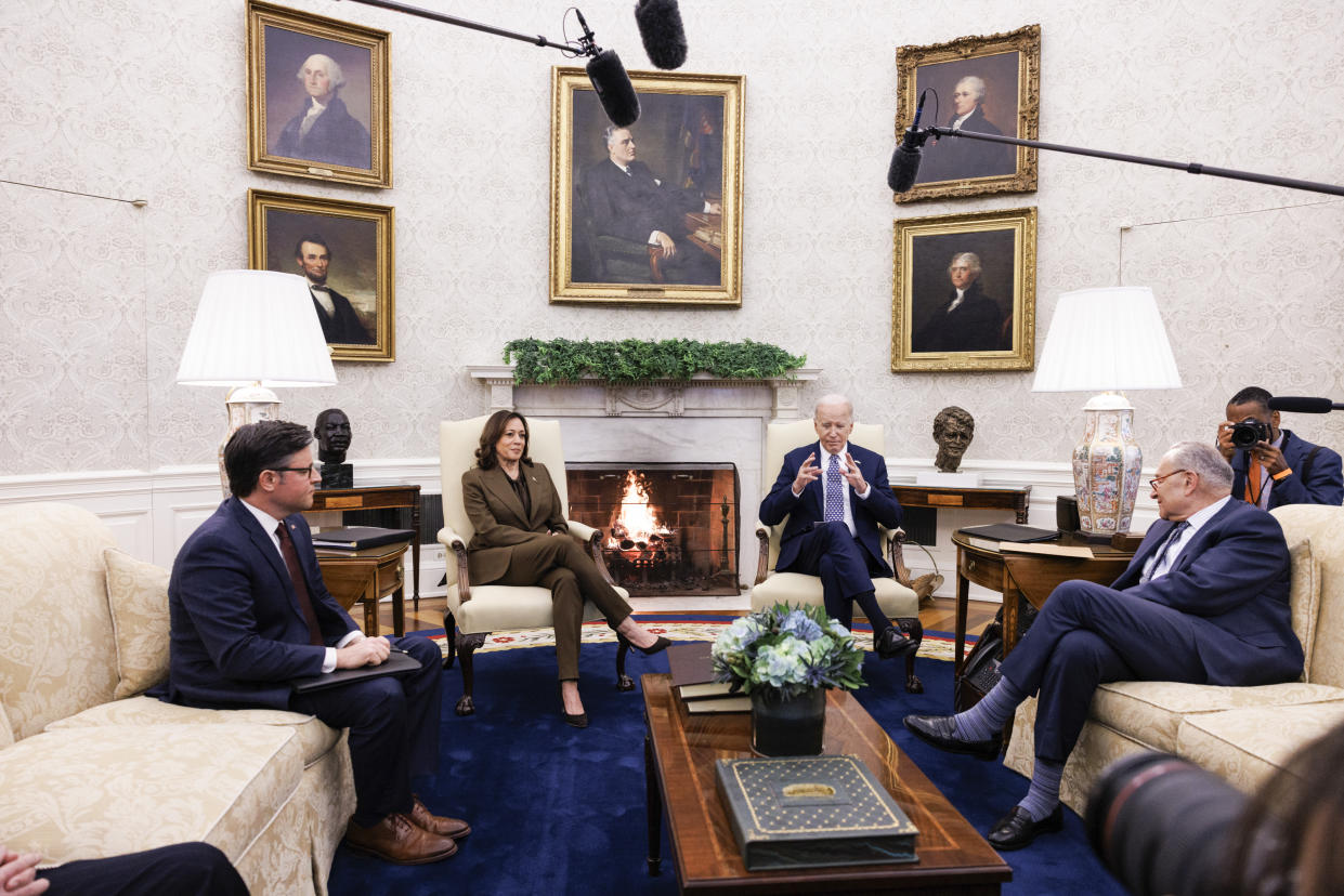 From left: House Speaker Mike Johnson (R-La.), Vice President Kamala Harris, President Joe Biden and Senate Majority Leader Chuck Schumer (D-N.Y.) meet in the Oval Office of the White House in Washington, Feb. 27, 2024. (Anna Rose Layden/The New York Times)