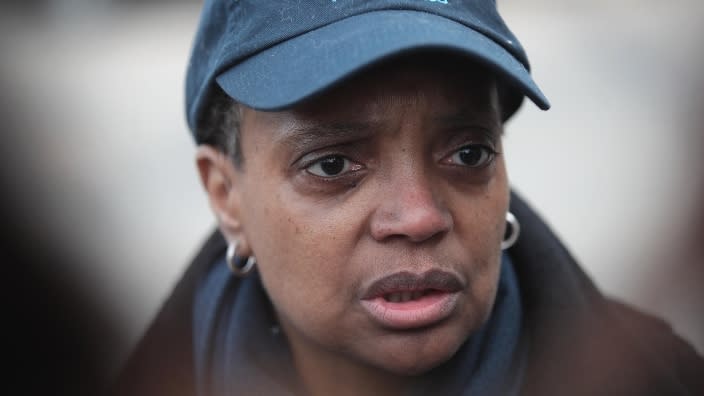 Chicago Mayor Lori Lightfoot disapproves of a television ad that uses “the oldest racist tropes that there are” by reportedly darkening her skin. (Photo: Scott Olson/Getty Images)