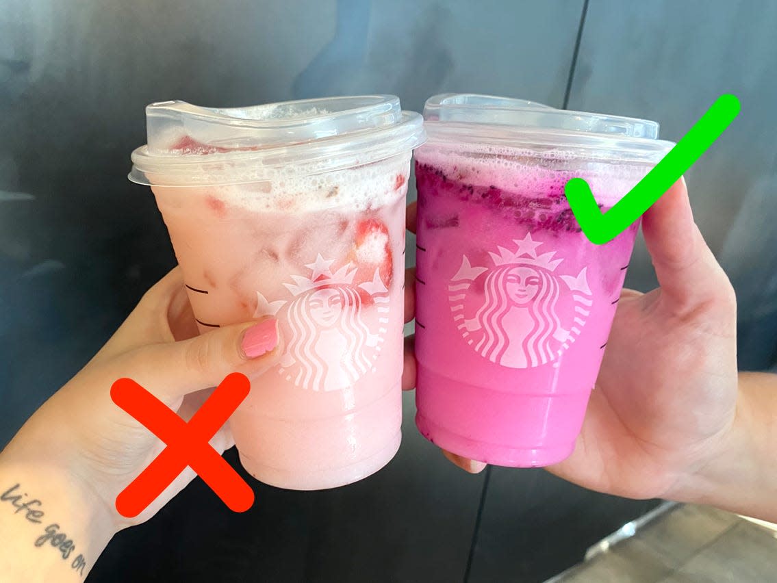 pink drink with an x on it from starbucks next to a purple drink with a check on it