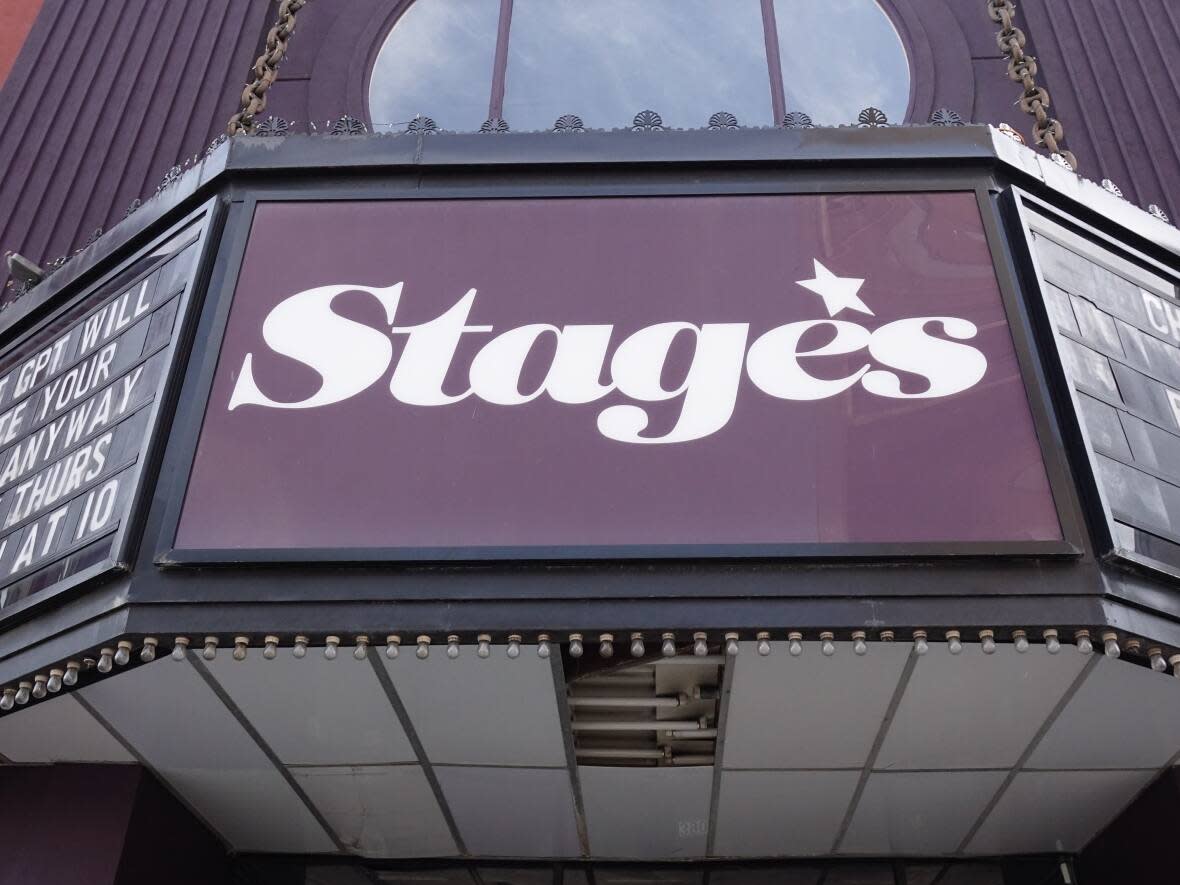 The marquee for Stages Nightclub in Kingston, Ont. According to the local public health unit, 10 people who attended a 'foam party' at the Princess Street club earlier this month ended up in hospital with irritated eyes. (Dan Taekema/CBC - image credit)