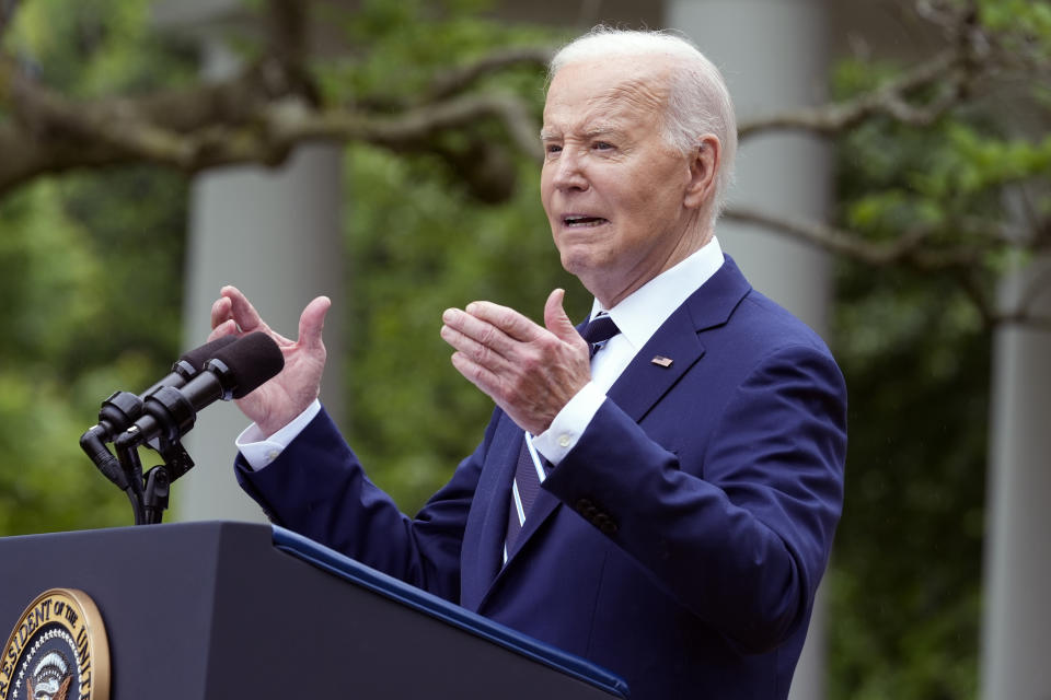 FILE - President Joe Biden speaks in the Rose Garden of the White House in Washington, Tuesday, May 14, 2024. On Friday, May 17, The Associated Press reported on stories circulating online incorrectly claiming inflation was at 9% when Biden took the oath of office in January 2021. (AP Photo/Susan Walsh, File)