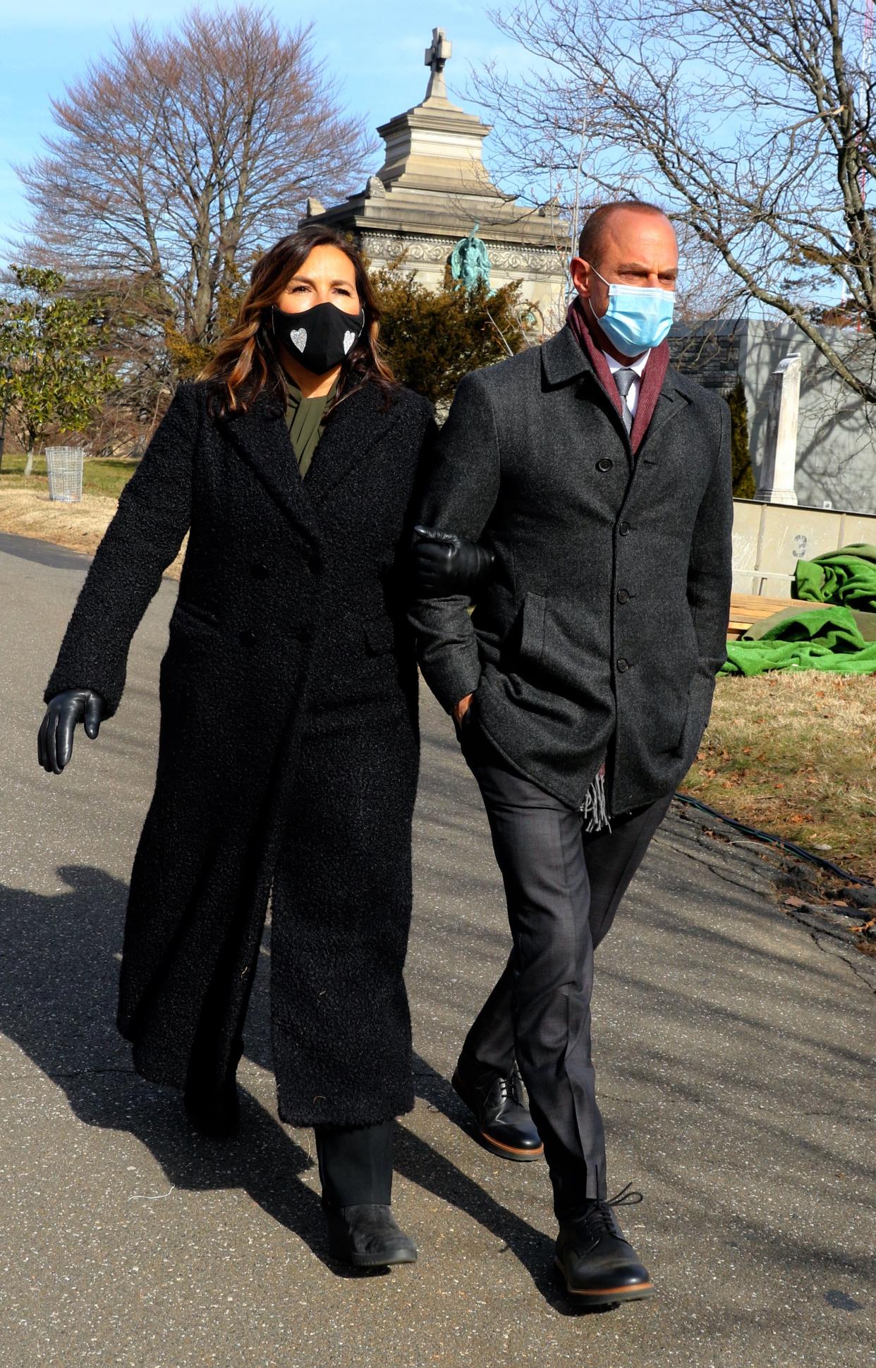 Mariska Hargitay and Christopher Meloni are seen on the set of "Law and Order: SVU" on Jan. 25, 2021, in New York City.