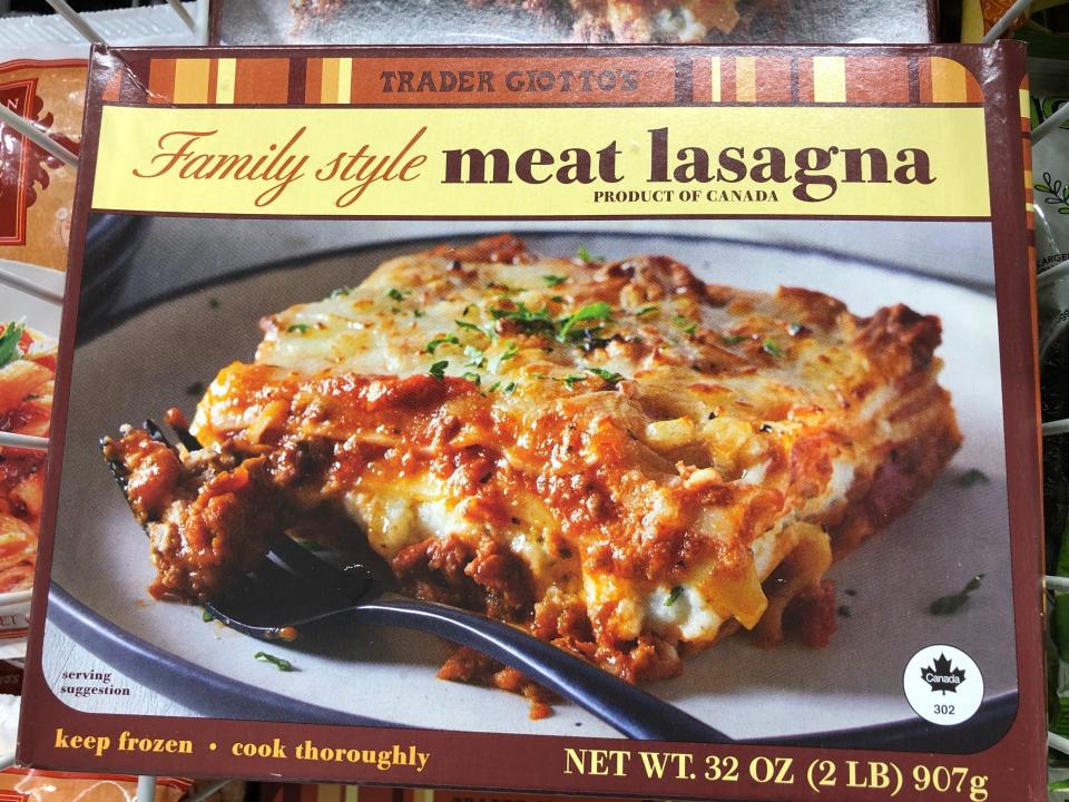 A box of Trader Joe's family-style meat lasagna.