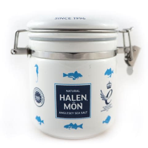 Pure White Sea Salt in Celebratory Ceramic Jar - Credit: Halen Mon