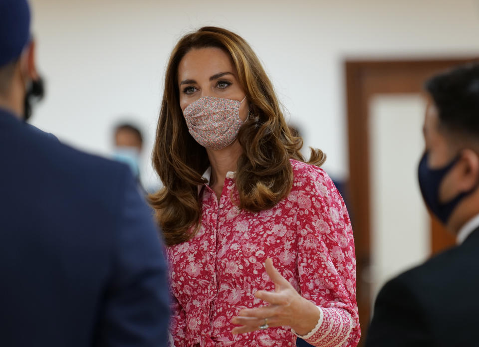 The Duchess of Cambridge during a visit to the East London Mosque where she chatted to volunteers who cooked and delivered meals to vulnerable members of the community during the pandemic.