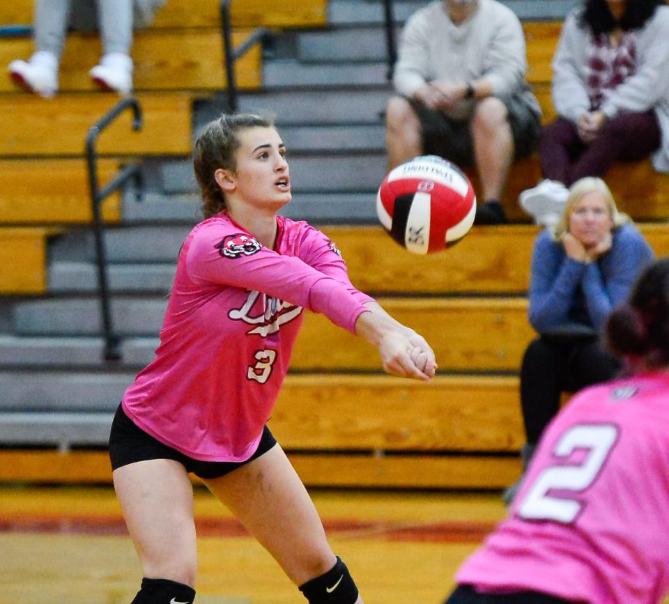 Diman’s Kacie Lynch plays a serve during a recent game against Bridgewater-Raynham.