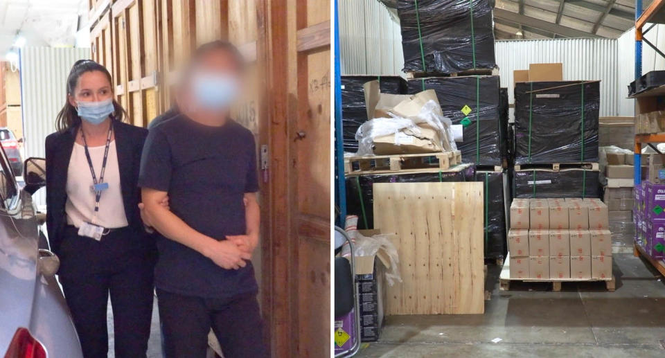 One of the men arrested is led away by police (left), with the allegedly stolen haul pictured right. Source: NSW Police