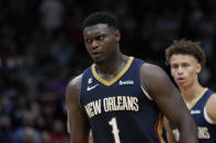 New Orleans Pelicans forward Zion Williamson (1) reacts during overtime of an NBA basketball game against the Phoenix Suns in New Orleans, Sunday, Dec. 11, 2022. The Pelicans won 129-124. (AP Photo/Gerald Herbert)