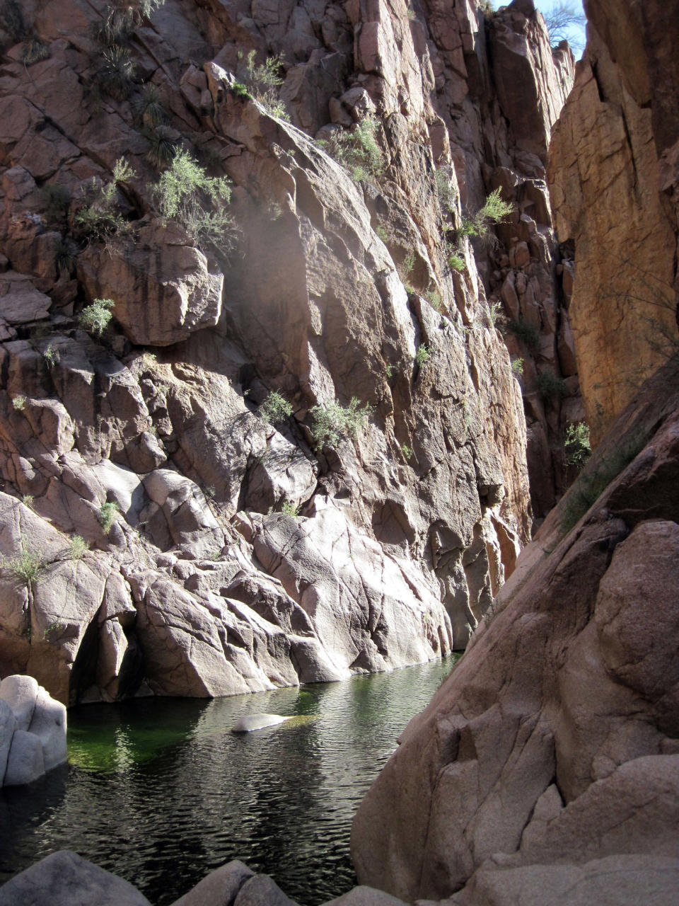 This April 19, 2012 photo shows Salome Creek in Salome Canyon, in Arizona’s Tonto National Forest. A canyoneering expedition in the area includes hiking, climbing, sliding and wetsuit-wading but can be tackled by novices accompanied by an experienced guide. (AP Photo/Charmaine Noronha)