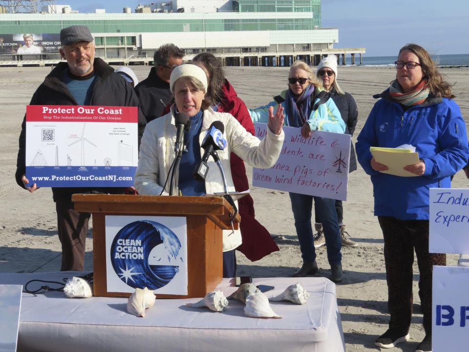 Cindy Zipf, executive director of the Clean Ocean Action environmental group, speaks at a press conference on the beach in Atlantic City, N.J., on Monday, Jan. 9, 2023, where a large dead whale was buried over the weekend. Several groups called for a federal investigation into the deaths of six whales that have washed ashore in New Jersey and New York over the past 33 days and whether the deaths were related to site preparation work for the offshore wind industry. (AP Photo/Wayne Parry)