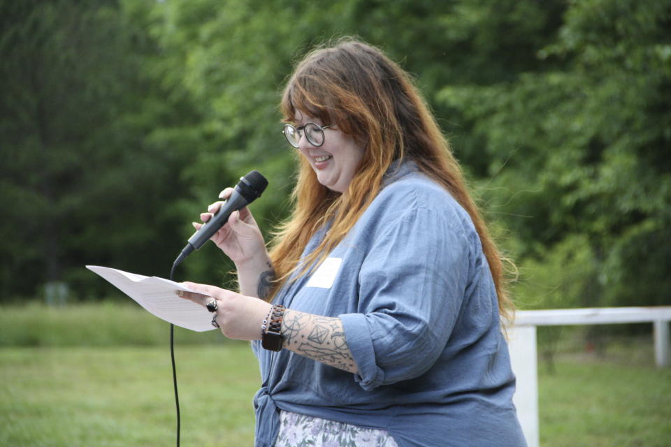 Liz Purvis, the Granville County Democratic Party chair, introduces the slate of candidates present at the party's fundraiser in Oxford, N.C., on Friday, May 10, 2024. About 35 people attended the fundraiser, which was a first for the party in a few years. (AP Photo/Makiya Seminera)