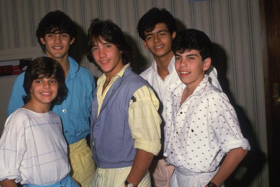 Teen pop group Menudo (L-R): Ricky Martin, Charlie Rivera, Roy Rossello, Robby Rosa, and Ray Acevedo) posing at the Century Plaza Hotel in Los Angeles, California, in 1985.