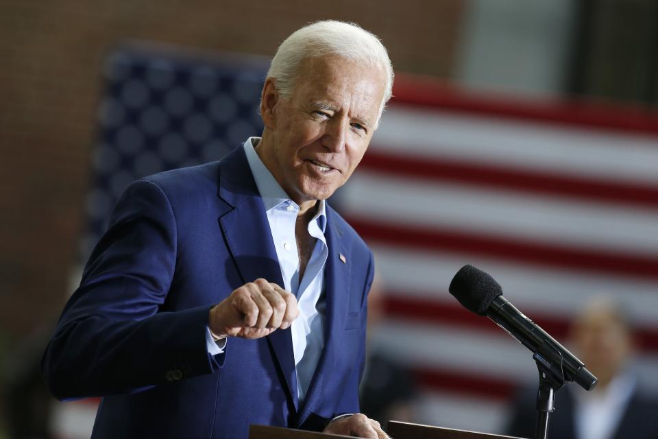 Democratic presidential candidate former Vice President Joe Biden speaks during a campaign event at Keene State College in Keene, N.H., Saturday, Aug. 24, 2019. (AP Photo/Michael Dwyer)