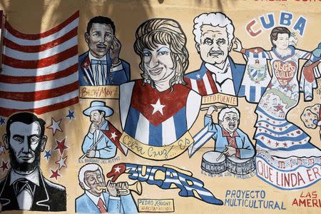 Cuban-themed murals adorn the buildings along SW 8th Street, known locally as "Calle Ocho" in the Little Havana neighborhood of Miami, Florida May 17, 2014. REUTERS/Brian Blanco