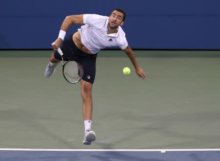 Aug 31, 2016; New York, NY, USA; Marin Cilic of Croatia serves to Sergiy Stakhovsky of Ukraine on day three of the 2016 U.S. Open tennis tournament at USTA Billie Jean King National Tennis Center. Mandatory Credit: Jerry Lai-USA TODAY Sports