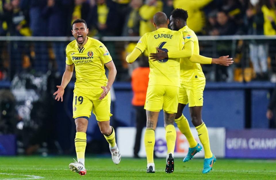 Villarreal goalscorers Francis Coquelin, left, and Boulaye Dia, right, celebrate Dia’s opener (Adam Davy/PA) (PA Wire)