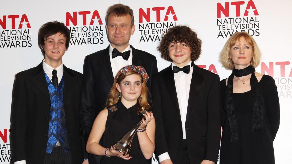 Hugh Dennis, Tyger Drew Honey, Ramona Marquez, Daniel Roache and Claire Skinner of Outnumbered pose with their Situation Comedy Award in the press room at the National Television Awards 2012 at The O2 Arena on January 25th, 2012