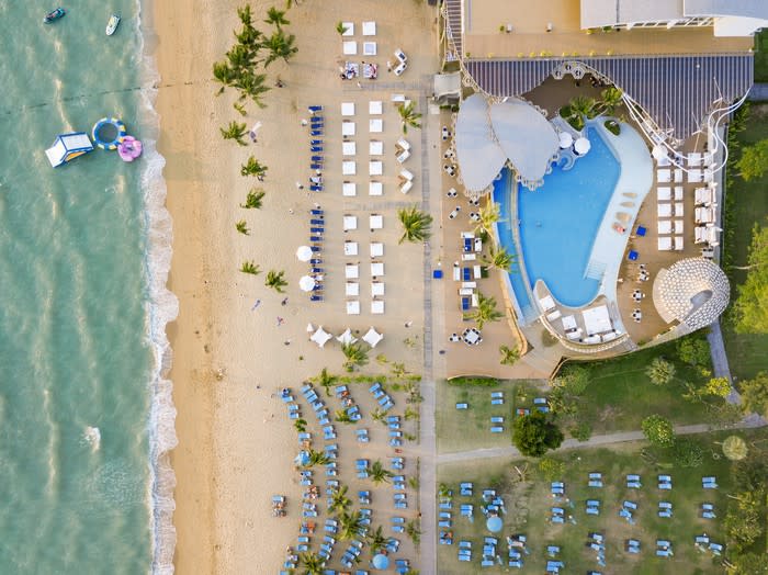 An aerial view of a beach resort.