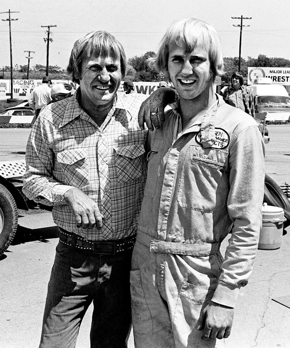 Sterling Marlin, right, with dad Coo Coo at Nashville Fairgrounds Speedway in 1976.