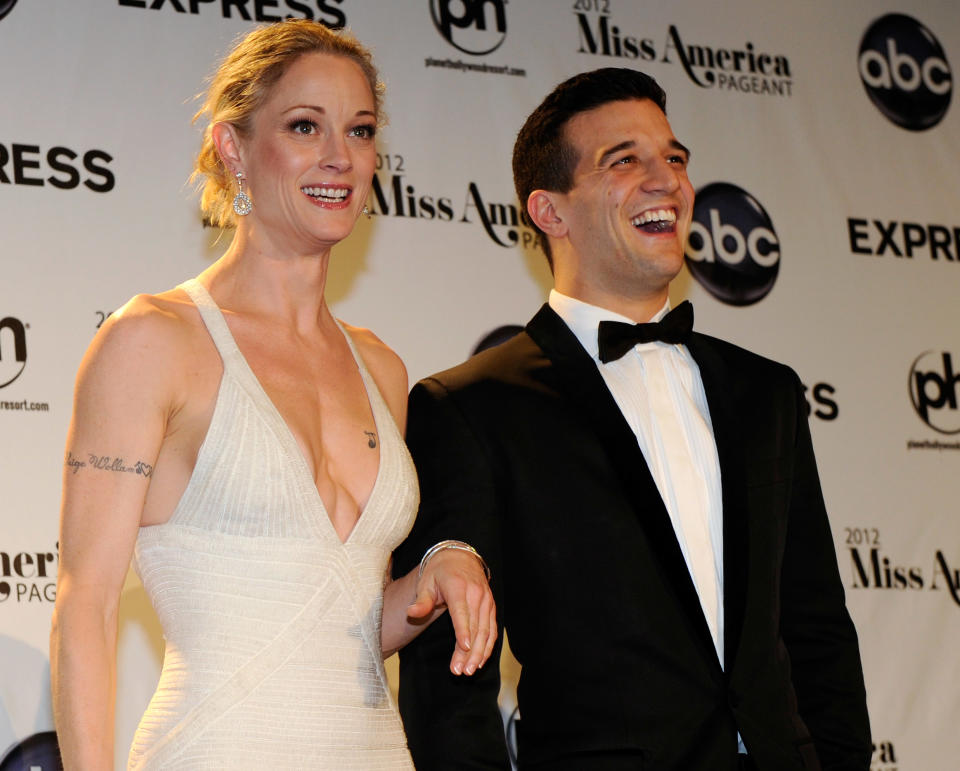 LAS VEGAS, NV - JANUARY 14: Actress and pageant judge Teri Polo (L) and pageant judge and dancer Mark Ballas appear during a news conference after the 2012 Miss America Pageant at the Planet Hollywood Resort & Casino January 14, 2012 in Las Vegas, Nevada. (Photo by Ethan Miller/Getty Images)