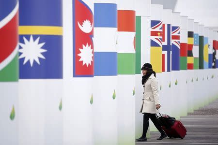 A participant is pictured in front of the entrance at the venue for the World Climate Change Conference 2015 (COP21) at Le Bourget, near Paris, France, November 29, 2015. REUTERS/Stephane Mahe