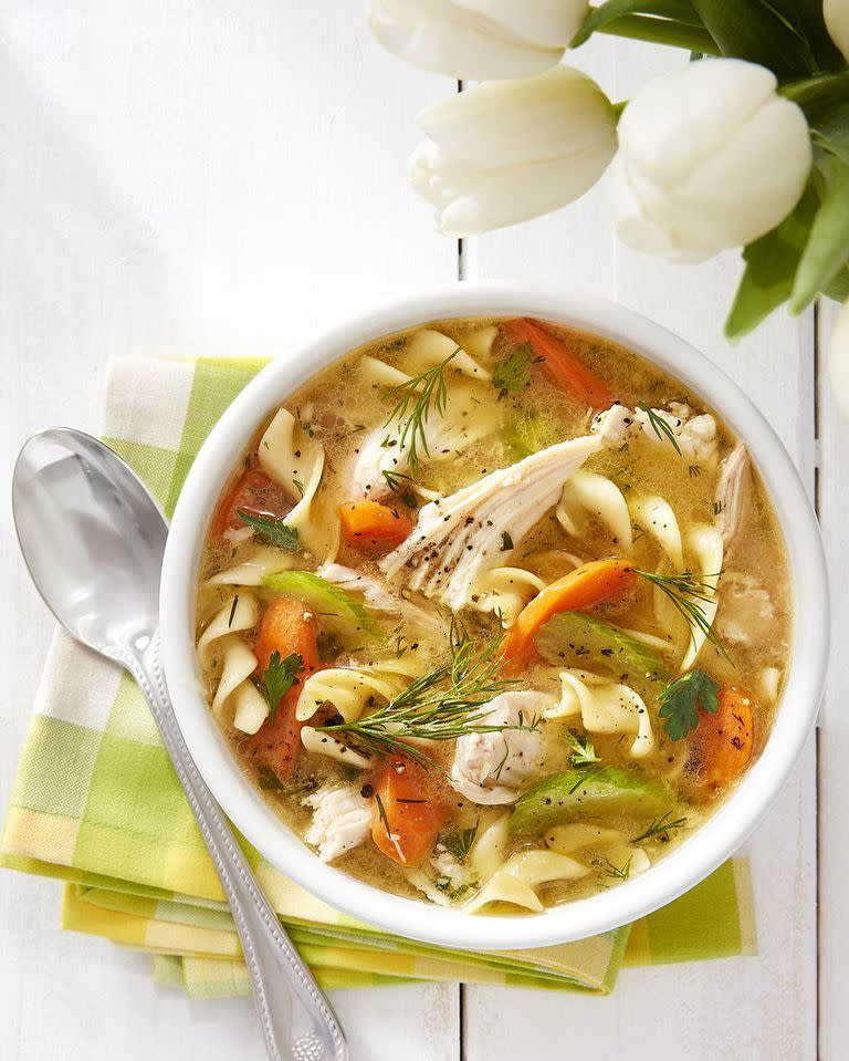 <p>Nothing says "comfort" like a warm bowl of homemade chicken noodle soup.</p><p><strong><a href="https://www.countryliving.com/food-drinks/a16572138/ultimate-chicken-noodle-soup-recipe/" rel="nofollow noopener" target="_blank" data-ylk="slk:Get the recipe;elm:context_link;itc:0;sec:content-canvas" class="link ">Get the recipe</a>.</strong></p><p><strong><a class="link " href="https://www.amazon.com/Lodge-Enameled-Classic-Enamel-Basting/dp/B000N501BK?tag=syn-yahoo-20&ascsubtag=%5Bartid%7C10063.g.35055779%5Bsrc%7Cyahoo-us" rel="nofollow noopener" target="_blank" data-ylk="slk:SHOP DUTCH OVENS;elm:context_link;itc:0;sec:content-canvas">SHOP DUTCH OVENS</a></strong></p>