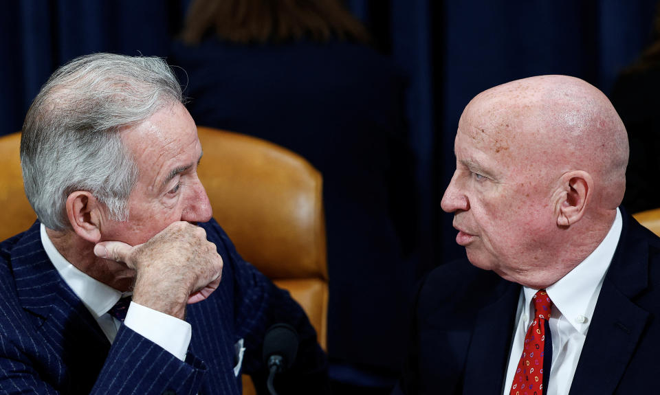 House Ways and Means Committee Chairman Rep. Richard Neal (D-MA) speaks with Ranking Member  Rep. Kevin Brady (R-TX) during a House Ways and Means Committee meeting to discuss former President Donald Trump's tax returns on Capitol Hill in Washington, U.S., December 20, 2022. REUTERS/Evelyn Hockstein