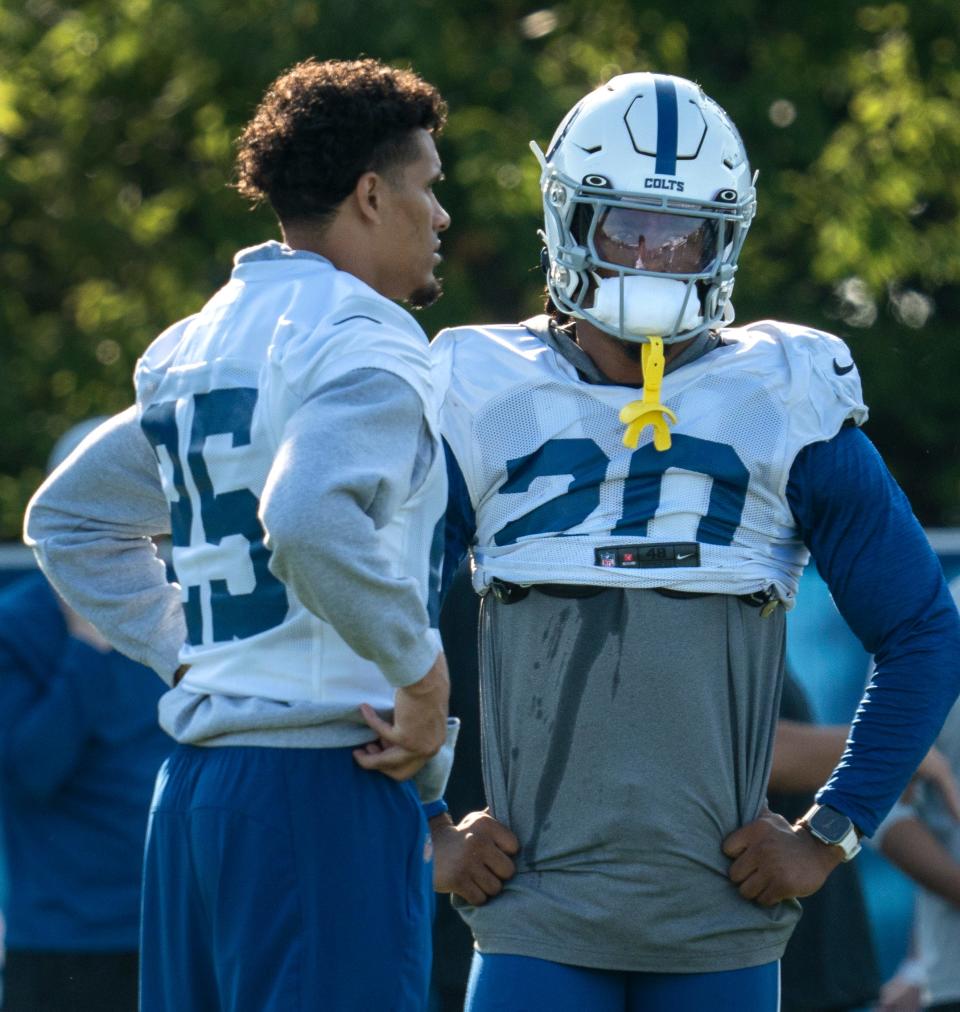 Indianapolis Colts safeties Rodney Thomas II and Nick Cross (20) talk between plays during day #9 practice of Colts Camp, Tuesday, Aug. 8, 2023 at Grand Park in Westfield.