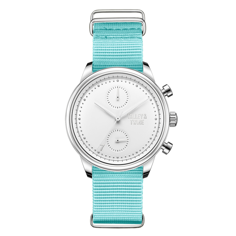 22) Worley Chronograph Silver & White w/ Aqua Canvas Band