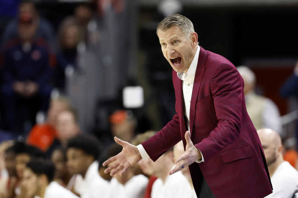 Alabama head coach Nate Oats reacts to a call during the second half of an NCAA college basketball game against Auburn, Wednesday, Feb. 7, 2024, in Auburn, Ala. (AP Photo/Butch Dill)