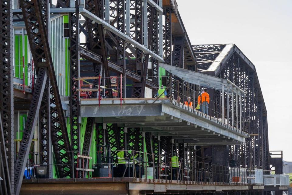 Viewing platforms overlooking the Kansas River are seen at Rock Island Bridge on Wednesday, April 17, 2024, in Kansas City, Kansas.