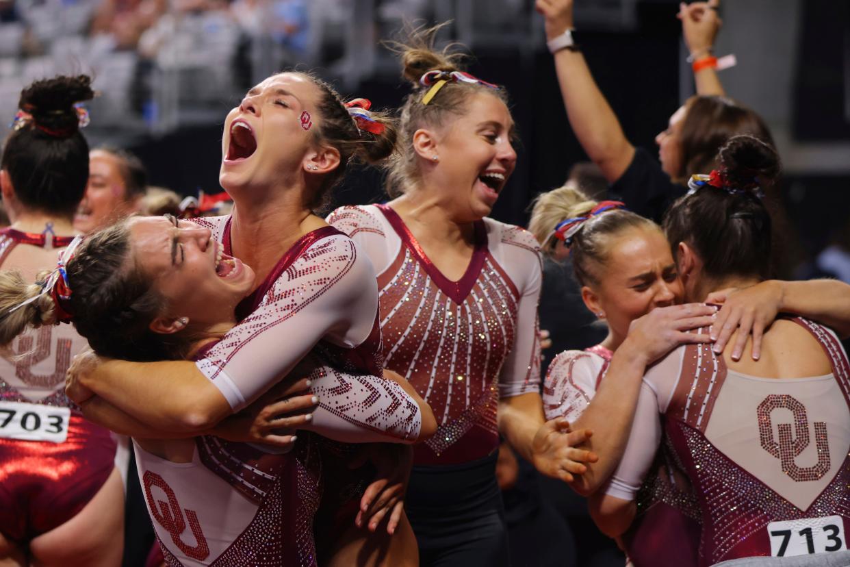 The OU women's gymnastics team won its fifth NCAA championship with its 198.2-198.0875 victory over Florida on April 16, 2022, in Fort Worth, Texas.