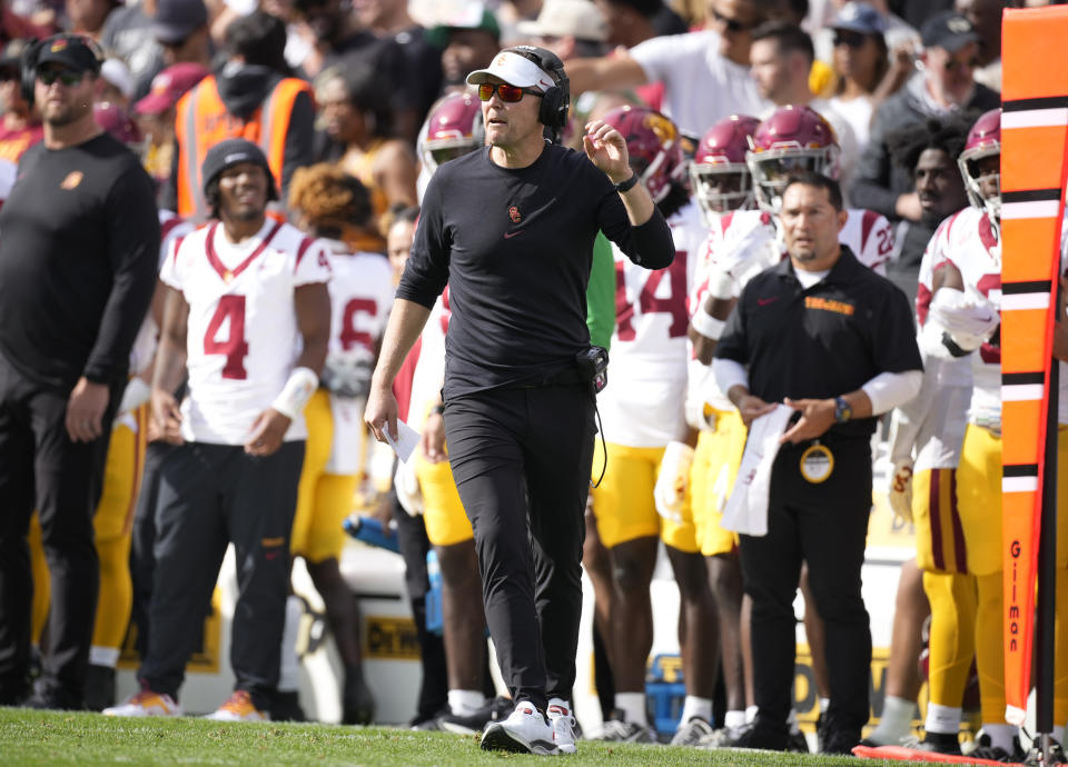 USC head coach Lincoln Riley watched his defense give up a lot of points and a lot of yards in the Trojans' 48-41 win over Colorado on Saturday. (AP Photo/David Zalubowski)
