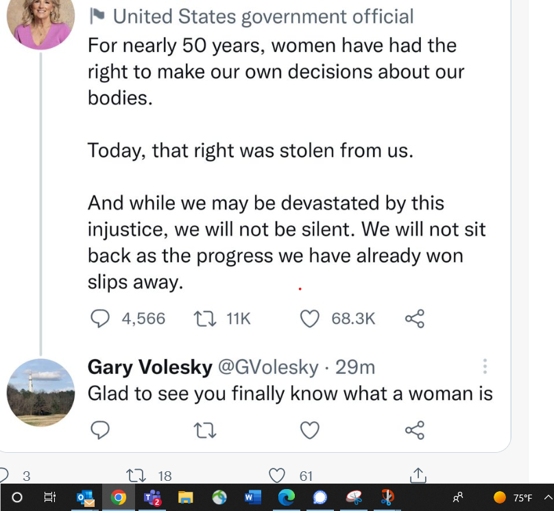 This screenshot of a since-deleted tweet posted by Retired Lt. Gen. Gary Volesky shows his response to a June 24 tweet by first lady Jill Biden on abortion.
