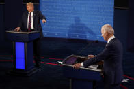 President Donald Trump responds to Democratic presidential candidate former Vice President Joe Biden during the first presidential debate Tuesday, Sept. 29, 2020, at Case Western University and Cleveland Clinic, in Cleveland, Ohio. (AP Photo/Morry Gash, Pool)