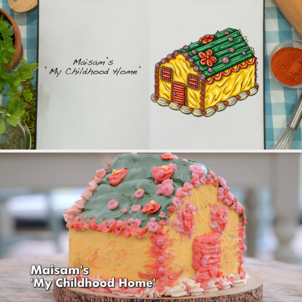 Drawing of Maisam's showstopper cake side by side with the actual bake