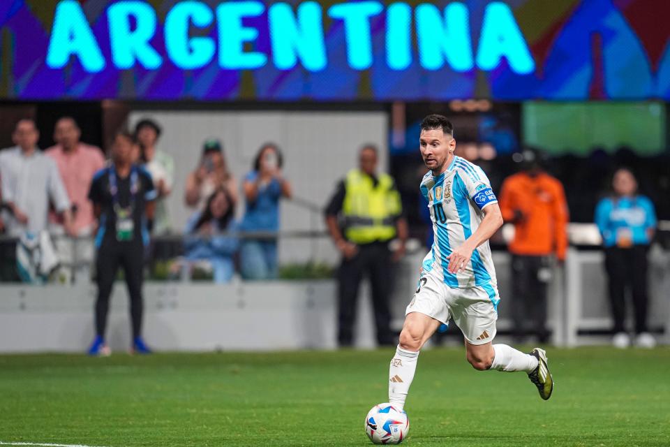 Argentina forward Lionel Messi plays during a Copa America match at Mercedez-Benz Stadium in Atlanta on June 20, 2024.