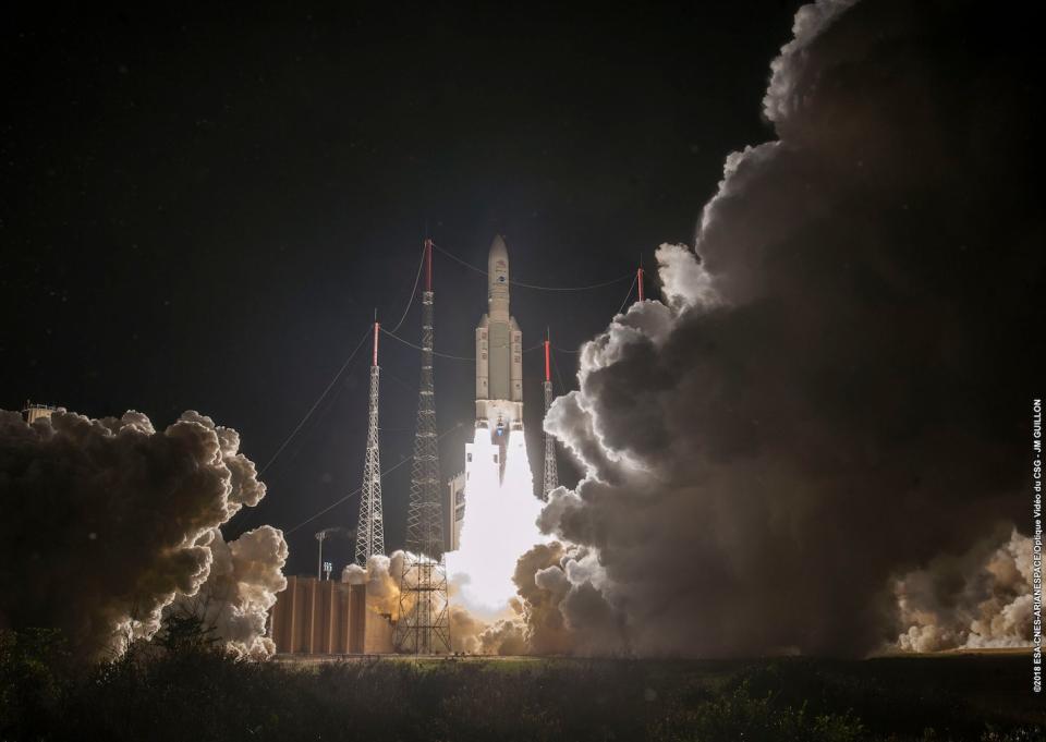 An Ariane 5 rocket launches the European-Japanese BepiColombo mission to Mercury from Europe's Spaceport at the Guiana Space Center in Kourou, French Guiana on Oct. 19, 2018. <cite>ESA-CNES-Arianespace</cite>