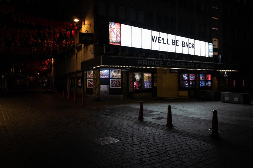 A sign reading "We'll Be Back" is seen on the Prince Charles cinema near Leicester Square on March 20, 2020. (Photo by Leon Neal/Getty Images)