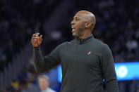 Portland Trail Blazers coach Chauncey Billups gestures to players during the first half of the team's NBA basketball game against the Golden State Warriors in San Francisco, Wednesday, Dec. 8, 2021. (AP Photo/Jeff Chiu)