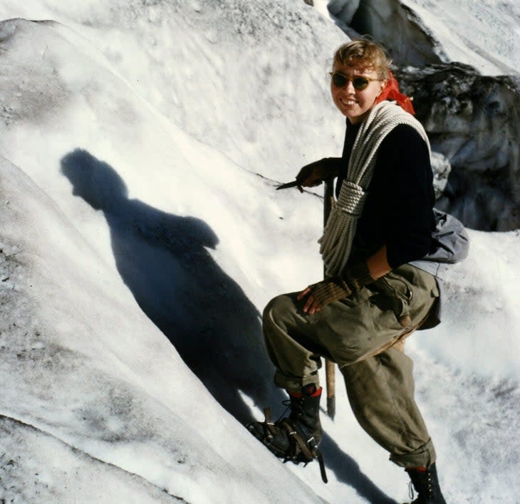Jolene crossing the bergschrund on the North Face of theGrand Teton.