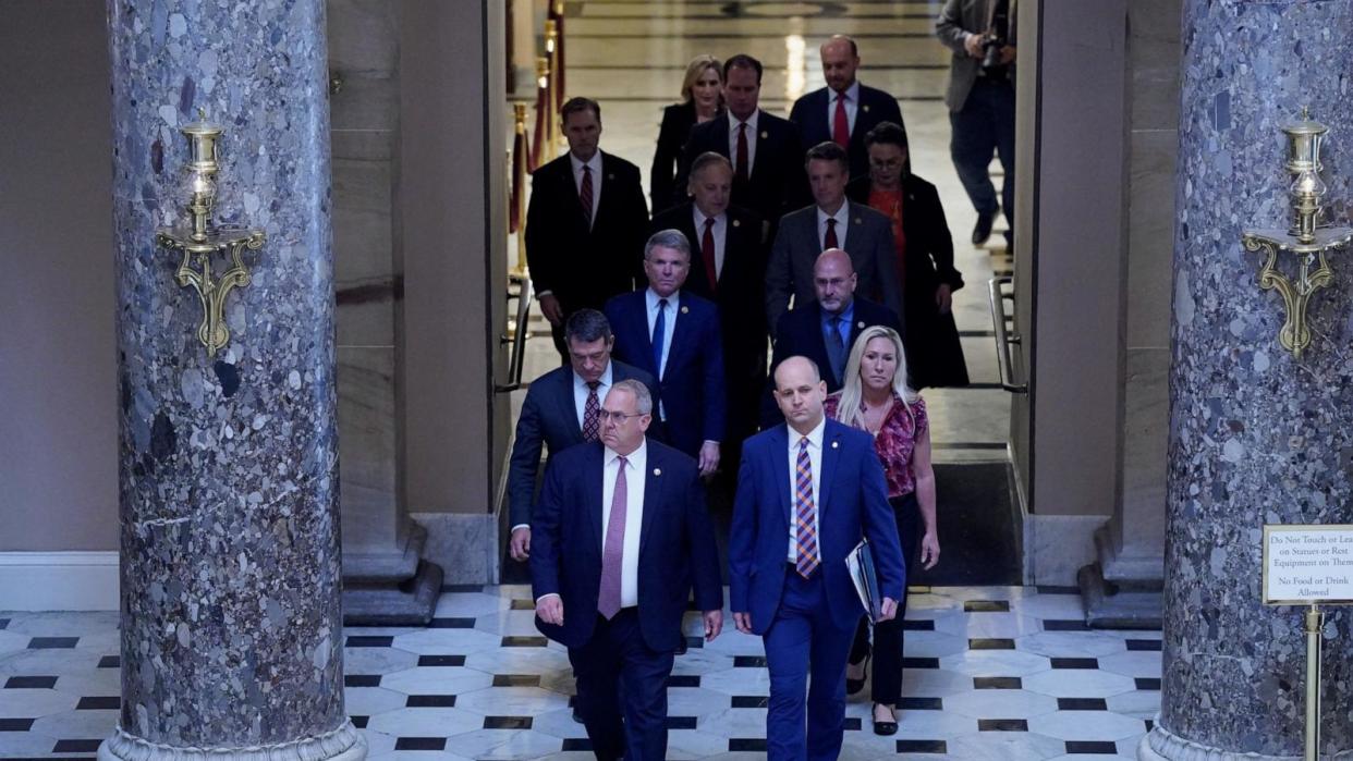 PHOTO: House Republican impeachment managers walk to deliver the article of impeachment against Department of Homeland Security (DHS) Secretary Alejandro Mayorkas, President Joe Biden's top border security official, at the Capitol, April 16, 2024.  (Ken Cedeno/Reuters)