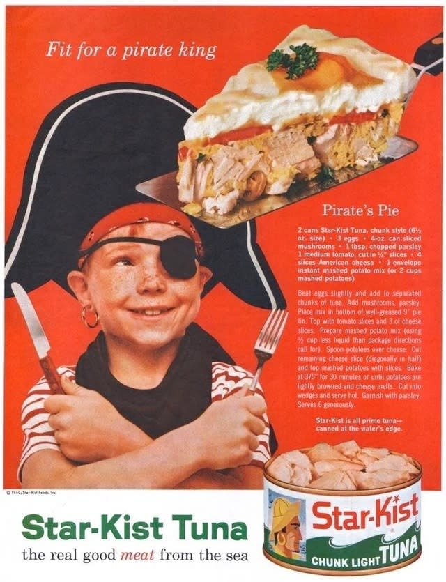 a recipe card for pirate's pie with an image of a child with a pirate hat and a slice of "pie" with canned tuna in the center