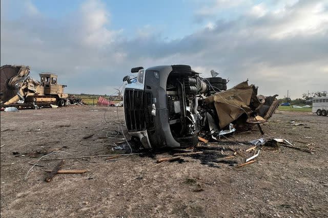 <p>Mateo Rosiles / USA TODAY NETWORK</p> An overturned truck among the damage seen after a tornado through Matador