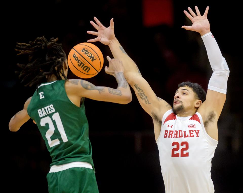 Bradley's Ja'Shon Henry defends against Eastern Michigan's Emoni Bates in the first half Tuesday, Nov. 15, 2022 at the Peoria Civic Center. The Braves shot down the Eagles 89-61.