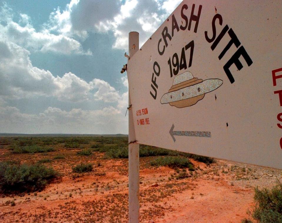 A sign directs travelers to the start of the "1947 UFO Crash Site Tours" in Roswell, New Mexico, on June 10, 1997. In Roswell, locals don't argue anymore about whether a space ship crashed nearby. They argue about whose ranch it landed on. Barring a major revelation between now and July 1, Roswell will mark the 75th anniversary of the alleged 1947 UFO crash with the debate over what occurred in the area far from settled.