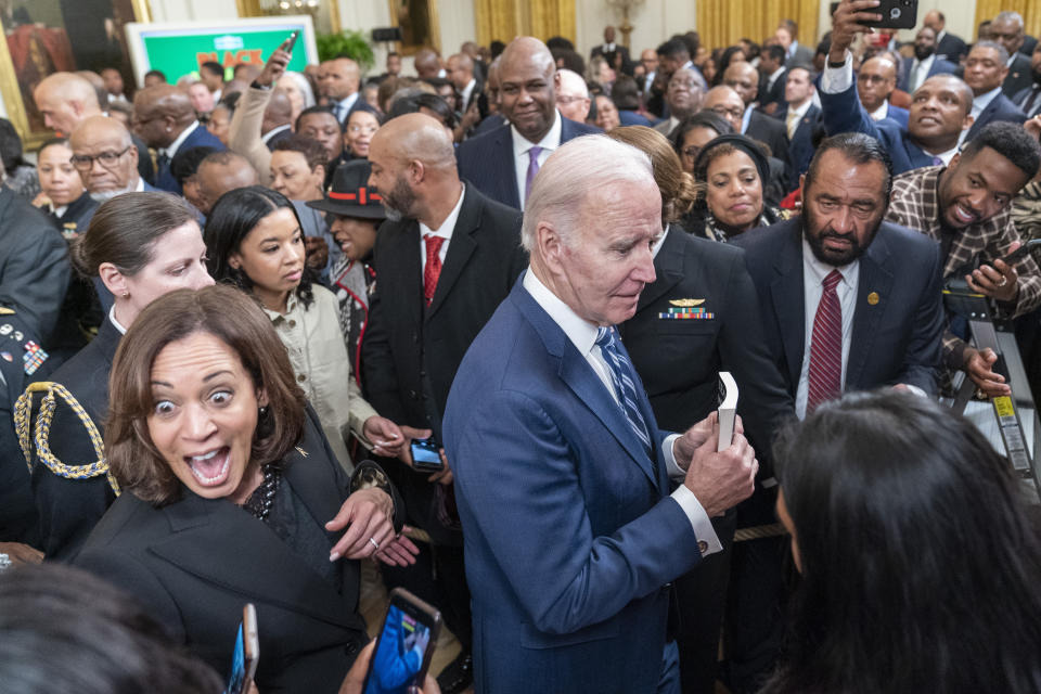 Vice President Kamala Harris, left, and President Joe Biden depart after an event to celebrate Black History Month, Monday, Feb. 27, 2023, in the East Room of the White House in Washington. (AP Photo/Alex Brandon)