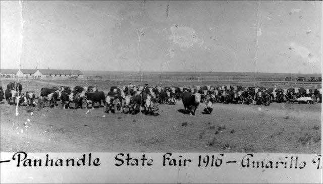 This scene represents the cattle industry of the Texas Panhandle for the Panhandle State Fair of 1916. The Panhandle State Fair, which first began in 1913, was the predecessor of the Tri-State Fair. R.B. Masterson was president, and H. A. Nobles was vice president and general manager of that first fair. The fair was located on the grounds of Glenwood Park, an amusement park the H. A. Nobles had opened in 1908. The park was located on East 10th Avenue. 1917 was the last year of the Panhandle State Fair. There were no fairs held during the war years of World War I. After the war, Amarillo was chosen as a site of a regional fair, and the Tri-State Fair began its existence in 1923.