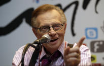 FILE - In this May 25, 2011 file photo, Larry King answers reporters' question at a press conference for Seoul Digital Forum in Seoul, South Korea. King, who interviewed presidents, movie stars and ordinary Joes during a half-century in broadcasting, has died at age 87. Ora Media, the studio and network he co-founded, tweeted that King died Saturday, Jan. 23, 2021 morning at Cedars-Sinai Medical Center in Los Angeles. (AP Photo/Lee Jin-man, File)