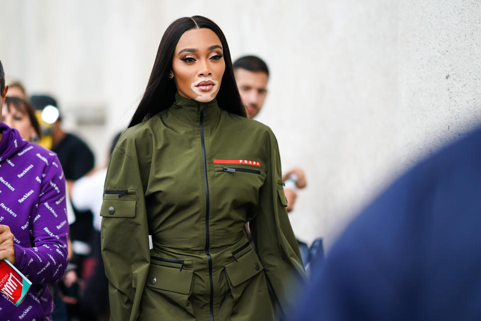 MILAN, ITALY - SEPTEMBER 18: Winnie Harlow wears a green khaki military outfit, outside the Prada show during Milan Fashion Week Spring/Summer 2020 on September 18, 2019 in Milan, Italy. (Photo by Edward Berthelot/Getty Images)